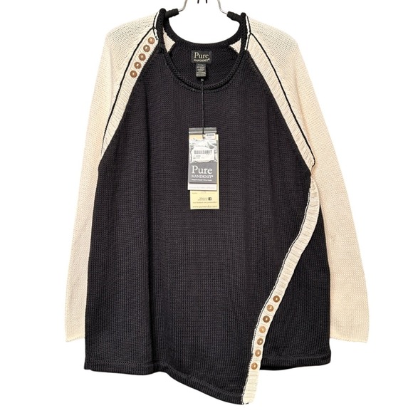 Pure Handknit Sweaters - Pure Handknit Black Cream Cotton Colorblock Button Sweater L/XL NWT 4506-07
